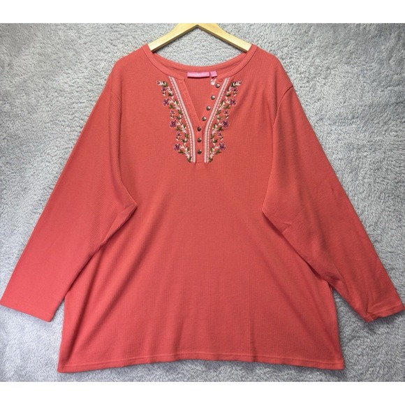 Woman Within Top Long Sleeve V-Neck Henley Embroidered Floral Pink Thermal 4X - Picture 4 of 9